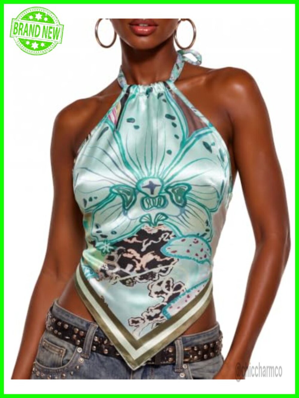 Paisley Halter Tank Top Boho Sleeveless Cropped Tie Neck Women's